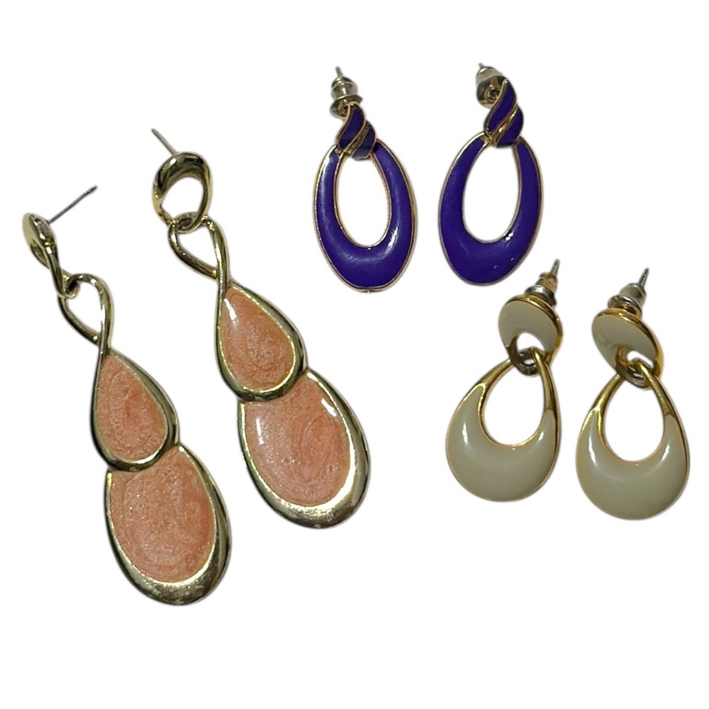 VTG Colorful Enamel Drop Earrings Bundle 3 Pair Lot 80s 90s Statement Jewelry
